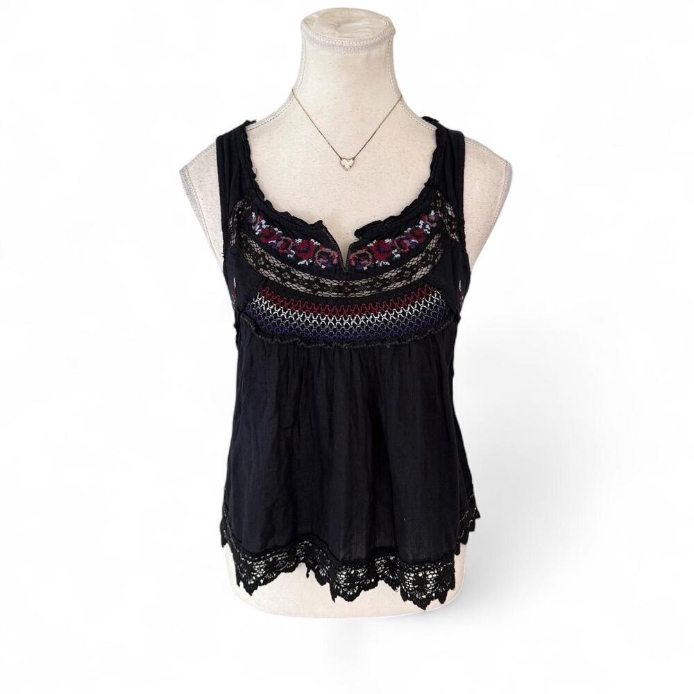 Free People embroidered and beaded black tanktop floral crochet lace trim size M